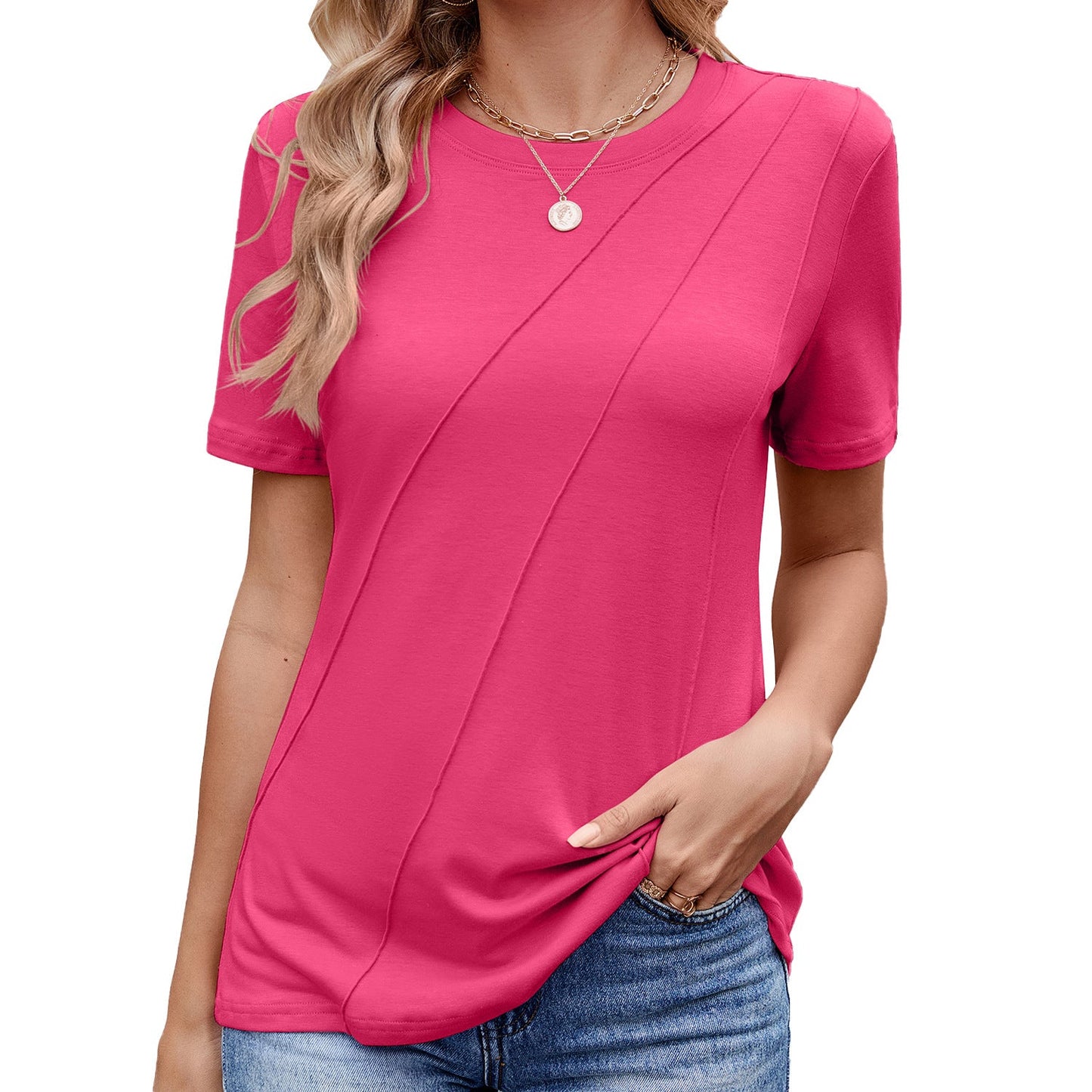 Levoire | Chemise décontractée confortable à col rond à manches courtes Fuchsia