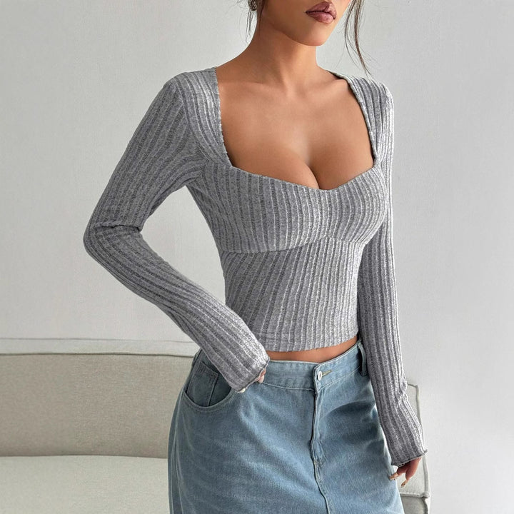 Top court à manches longues pour femme avec décolleté en V plongeant et texture côtelée Levoire