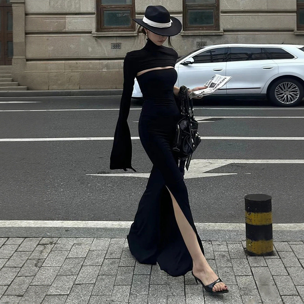 Robe maxi femme avec découpe asymétrique et élégantes manches bouffantes Levoire
