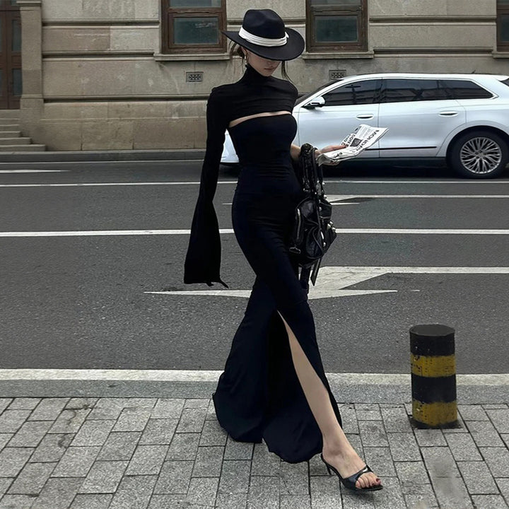 Robe maxi femme avec découpe asymétrique et élégantes manches bouffantes Levoire