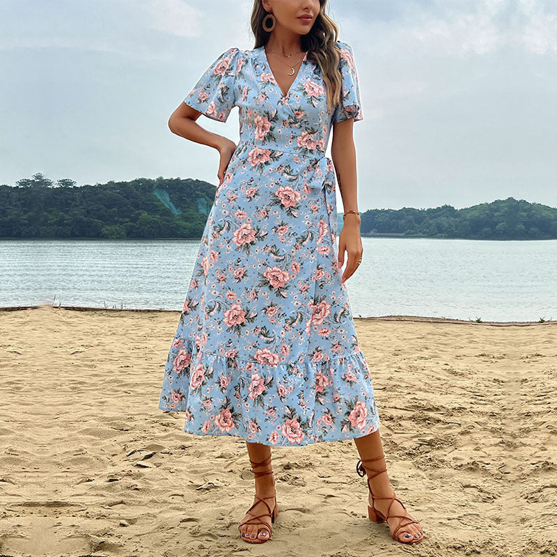 Robe Maxi Romantique pour Femmes avec Design Floral et Ourlet Volant Levoire