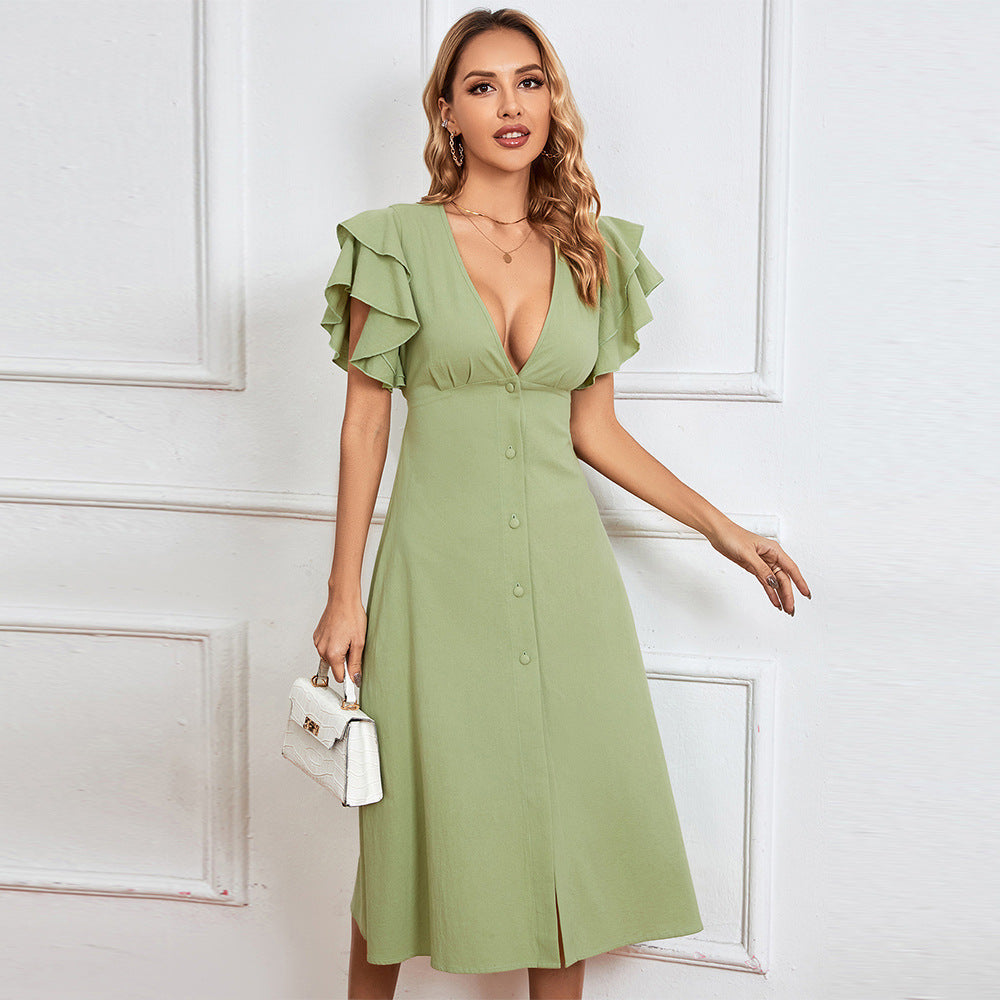 Robe midi élégante pour femmes avec détails en volants et patte de boutonnage Levoire