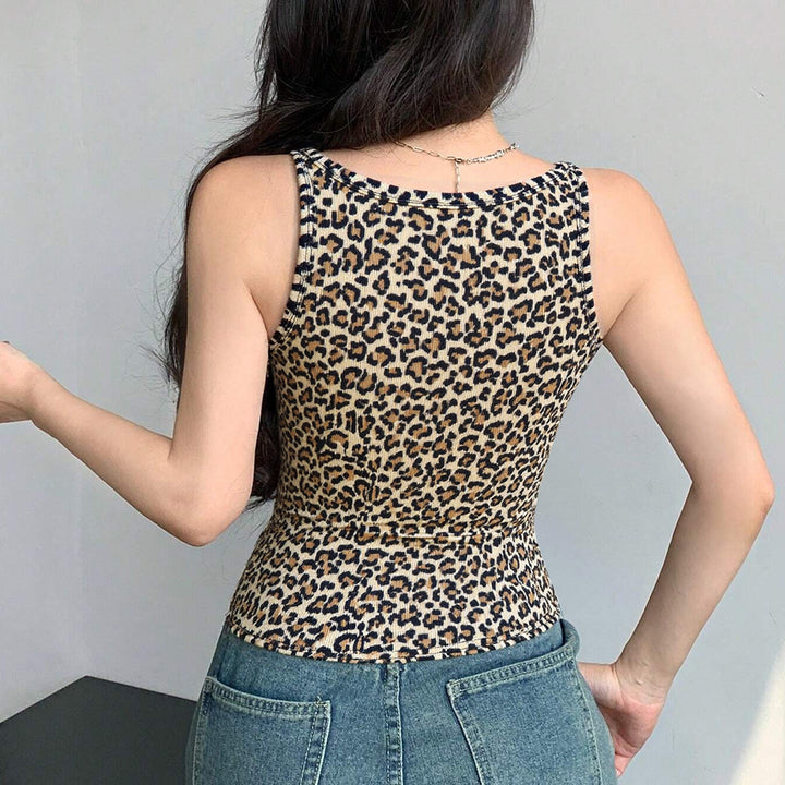 Women Sans Manches Haut avec Imprimé Léopard et Silhouette Épousant les Formes Levoire