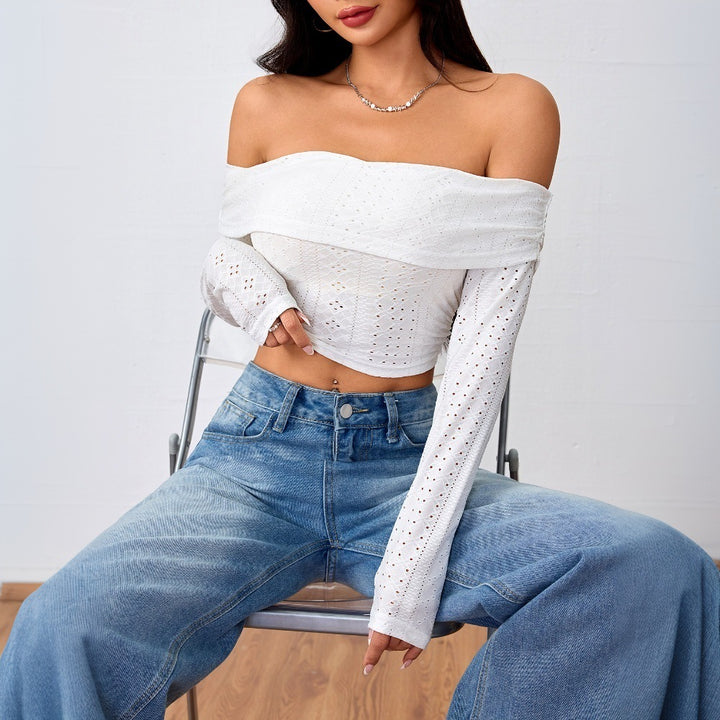 T-shirt court décolleté plongeant pour femmes avec manches bouffantes longues et structure en dentelle élégante Levoire