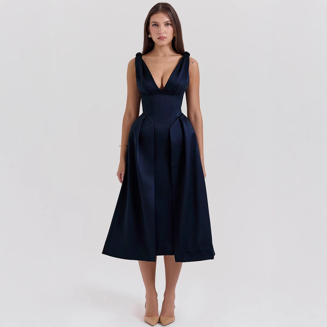 Robe Midi Élégante pour Femmes avec Décolleté en V Rêveur et Pliages Élégants Levoire