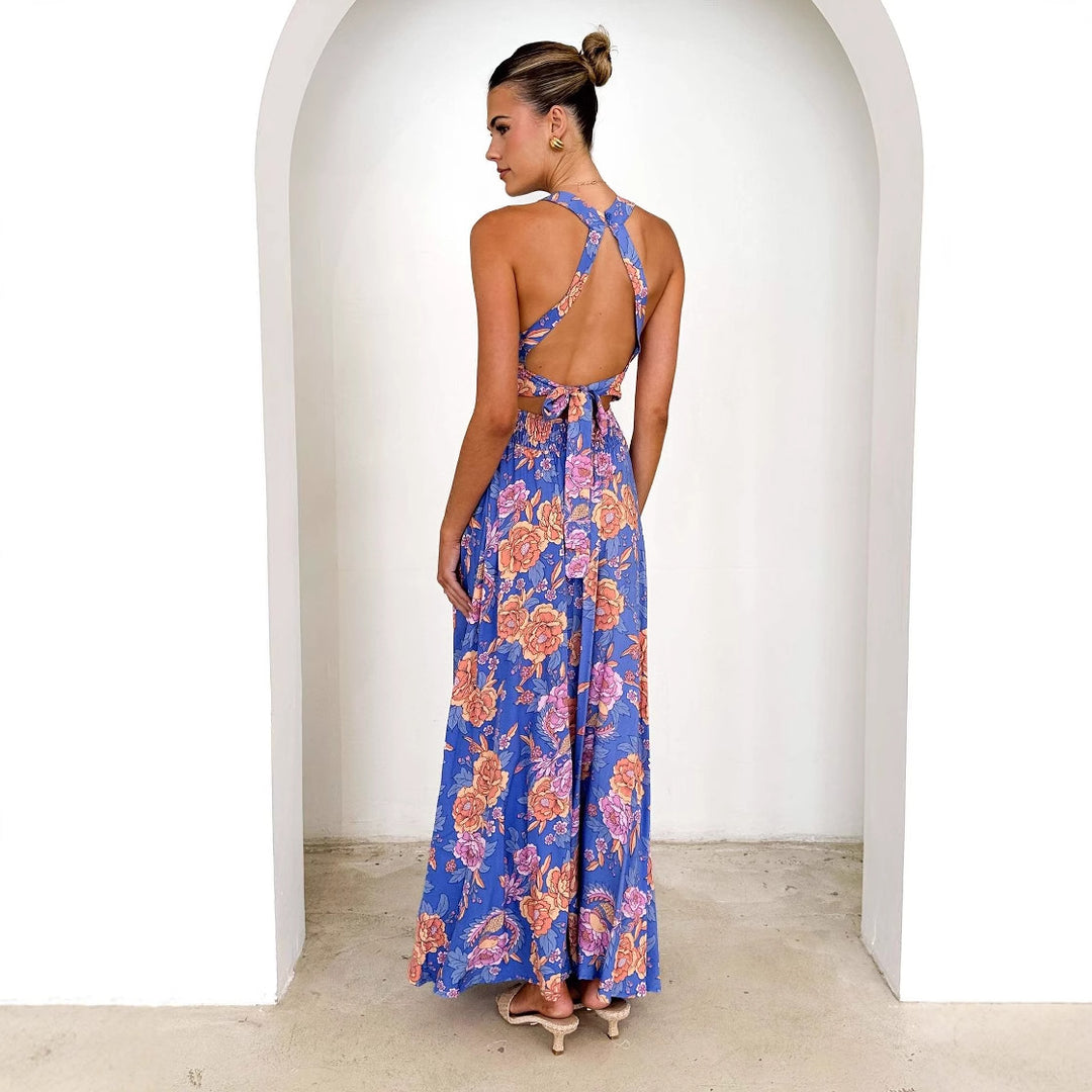 Robe Maxi Élégante pour Femmes avec Accents Floraux et Dos Nue Levoire