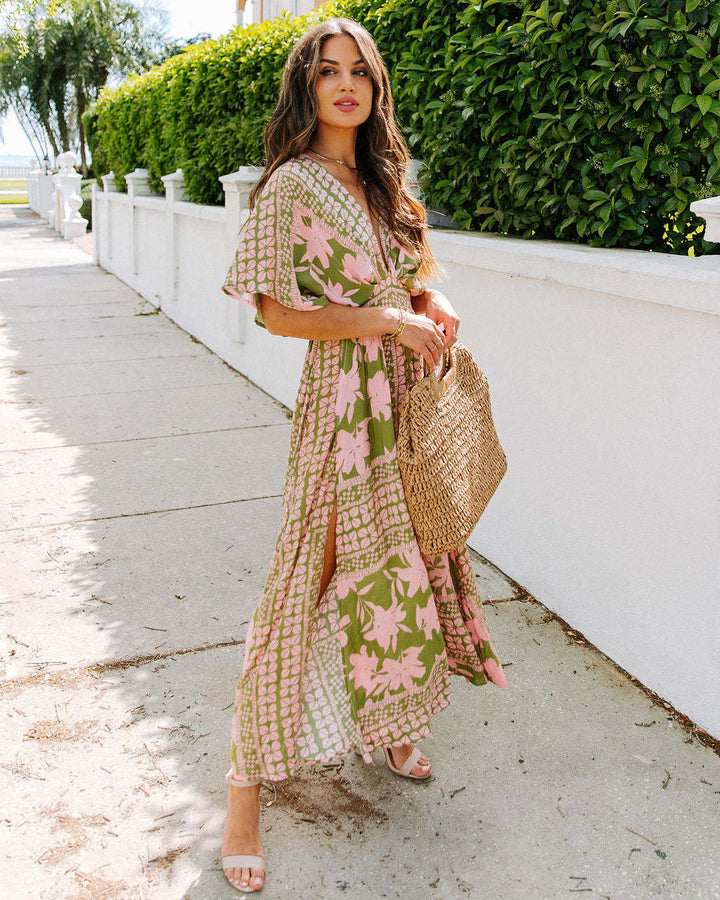 Robe Maxi Femme avec Décolleté en V Profond et Fente Latérale Levoire