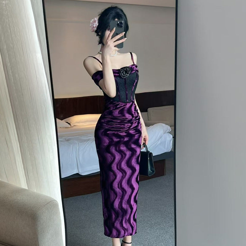 Levoire | Sexy Patchwork À Manches Longues Bodycon Robe Glissante Violet