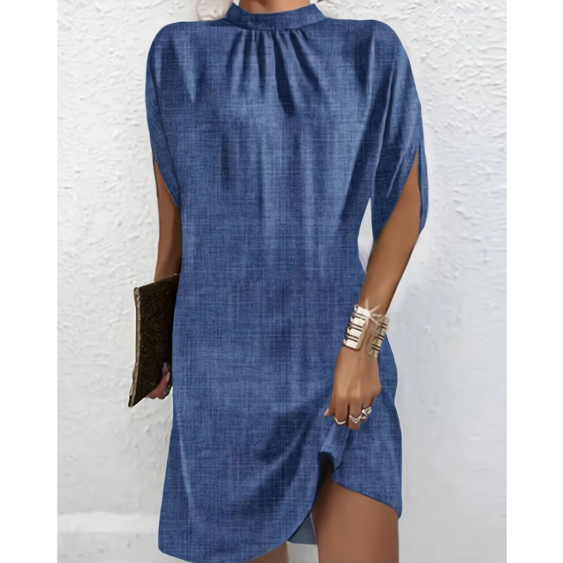 Levoire | Chic Fashion Robe à col rond à manches chauve-souris Denim Bleu