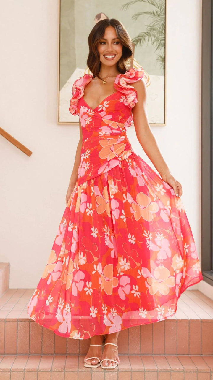 Robe maxi fluide pour femme avec volants volumineux et décolleté en V Levoire