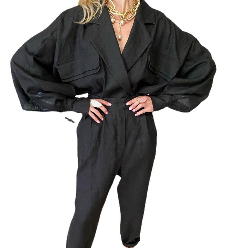 Combinaison en lin à la mode pour femme avec des manches volumineuses et une élégante ceinture à nouer Levoire