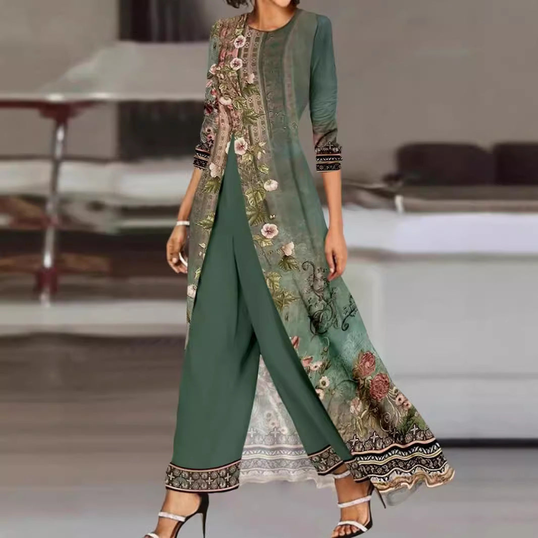 Levoire | Imprimé col rond robe-pantalon ensemble