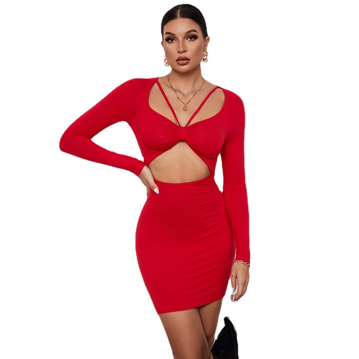 Robe mini avec découpes ajustée pour femmes, à manches longues et détail de nœud sexy Levoire