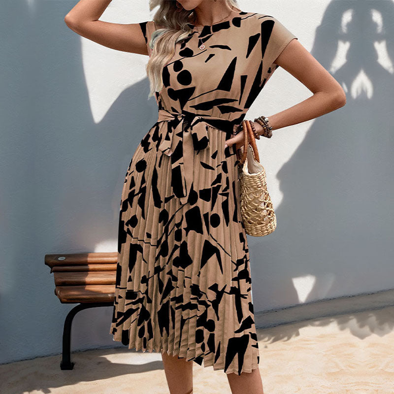 Robe maxi plissée pour femmes avec motif artistique et ceinture à nouer ajustable Levoire