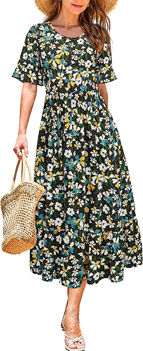 Robe midi pour femmes avec motif floral et ourlet à volants Levoire