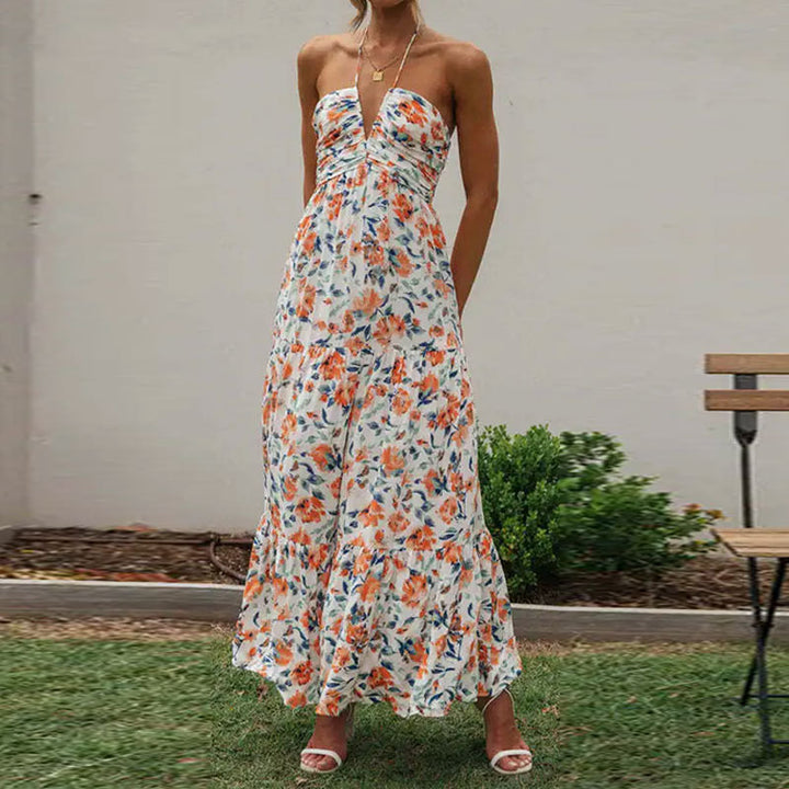 Robe maxi femme avec décolleté en V profond et gathering romantique Levoire