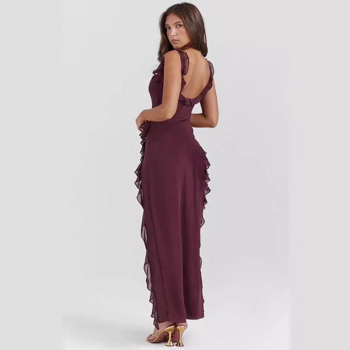 Robe asymétrique élégante pour femmes avec détails en volants et motif floral Levoire