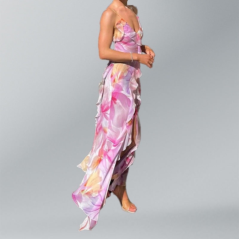 Robe maxi femme avec volants floraux et fente élégante Levoire