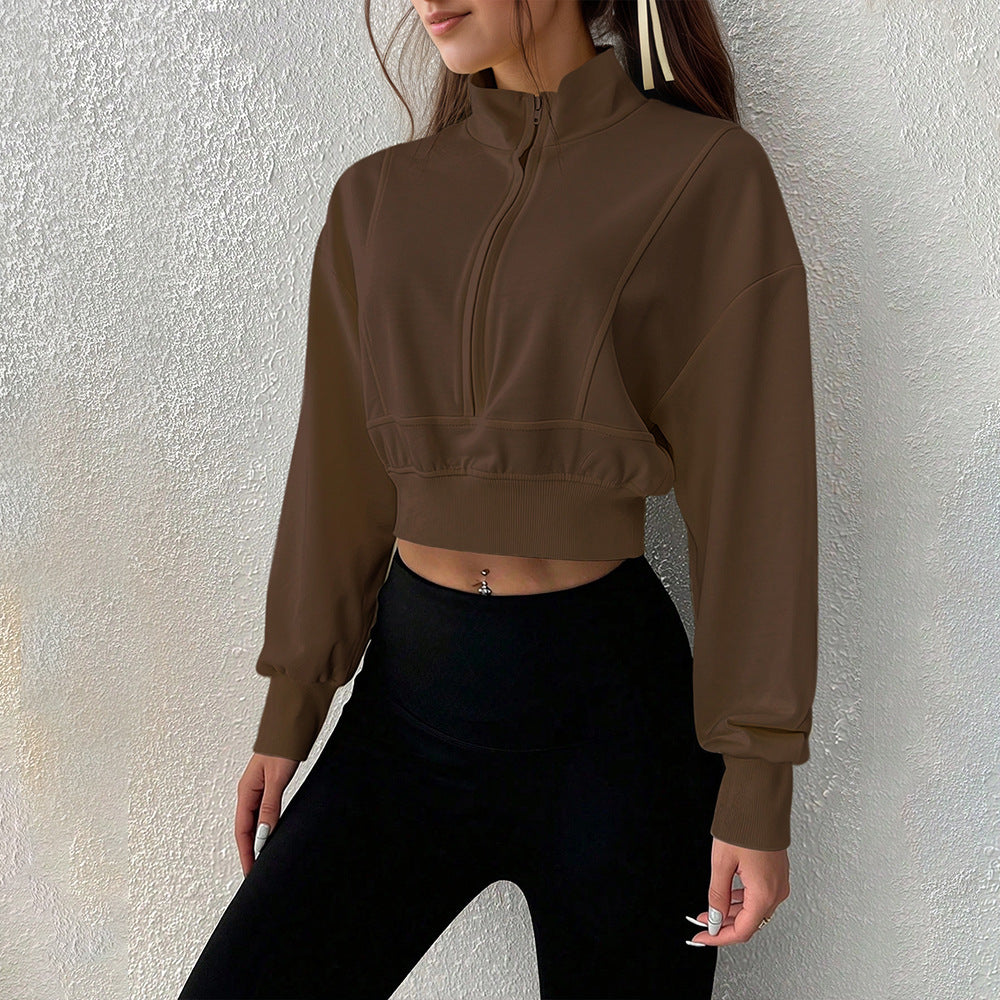 Sweatshirt court pour femmes avec fermeture éclair haute et en matériau doux Levoire