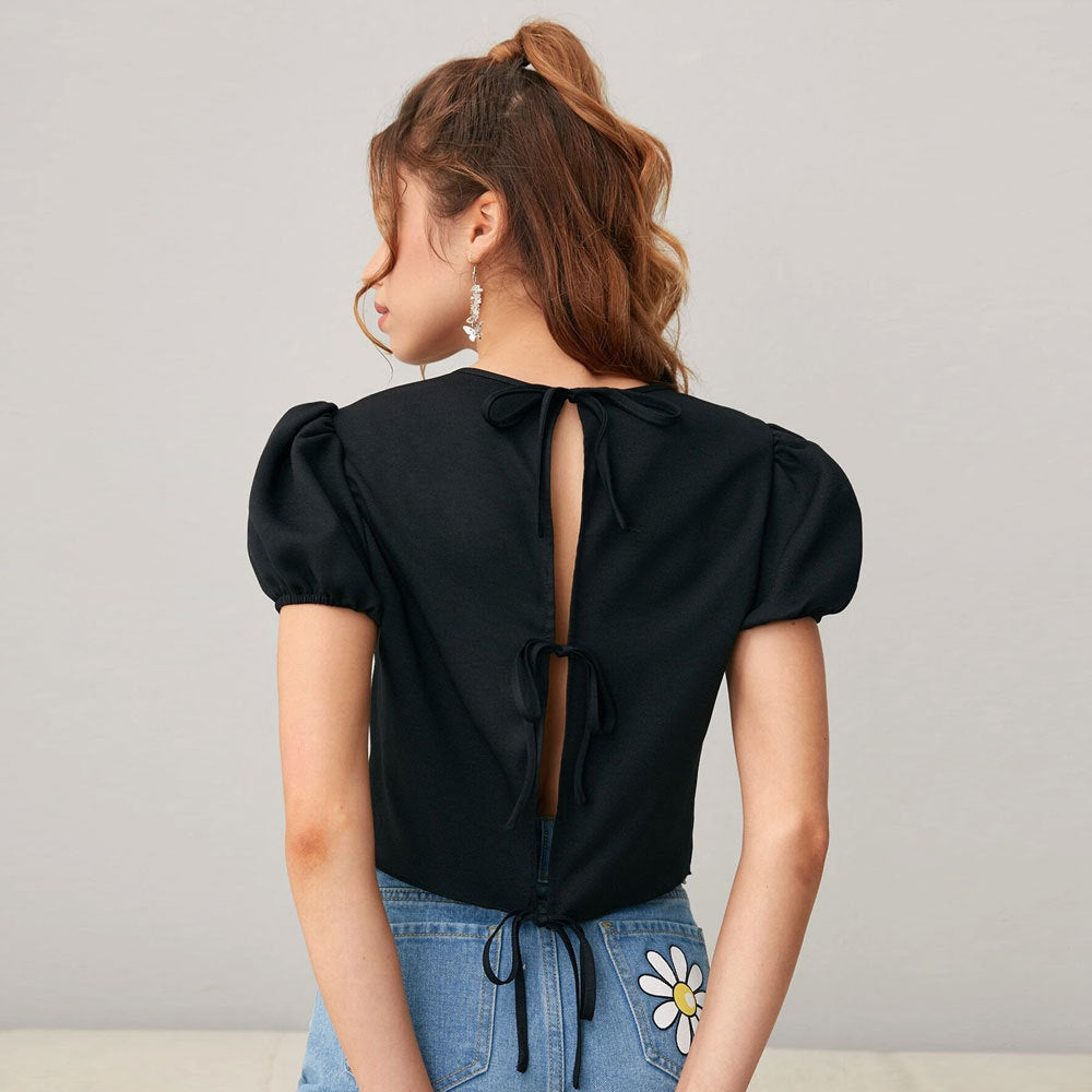 Haut court pour femmes avec manches bouffantes et col rond doux Levoire