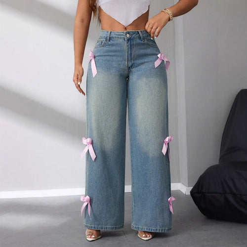 Jeans larges femmes taille haute avec appliqués en forme de nœud décoratifs Levoire