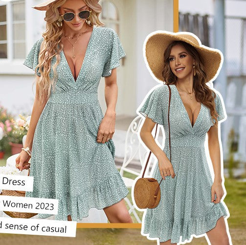 Robe femme à col V avec jupe fluide et détails volantés Levoire