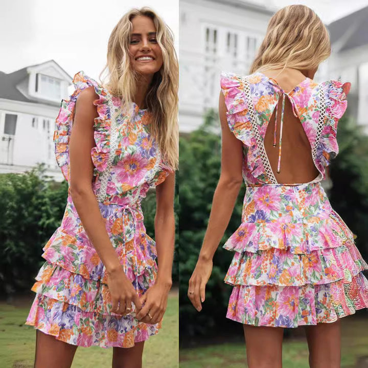Robe d'été à volants pour femmes avec des motifs floraux et une ceinture chic Levoire