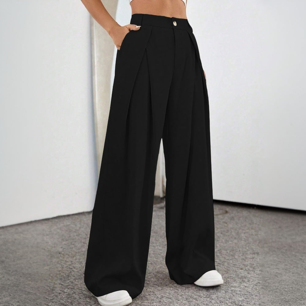 Pantalons palazzo taille haute généreux pour femme avec plis élégants et bouton visible Levoire