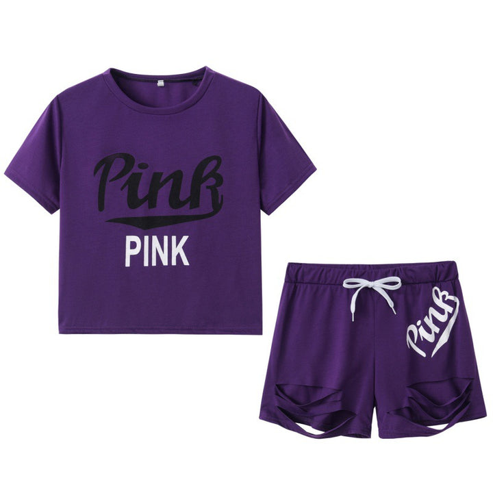 Ensemble t-shirt et short pour femmes sportif avec coupe décontractée et imprimés contrastés Levoire