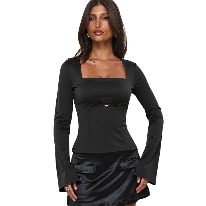 T-shirt à manches longues pour femmes avec décolleté rectangulaire et élégants détails de volants Levoire