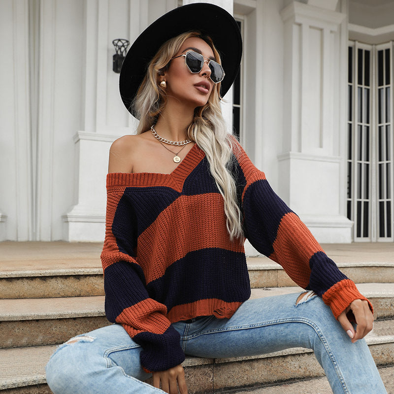 Pull en tricot surdimensionné pour femme avec encolure en V et rayures bloquées Levoire
