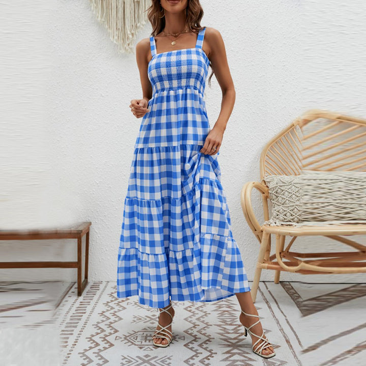 Robe Maxi Aérée pour Femme avec Motif à Carreaux et Corsage Élastique Levoire