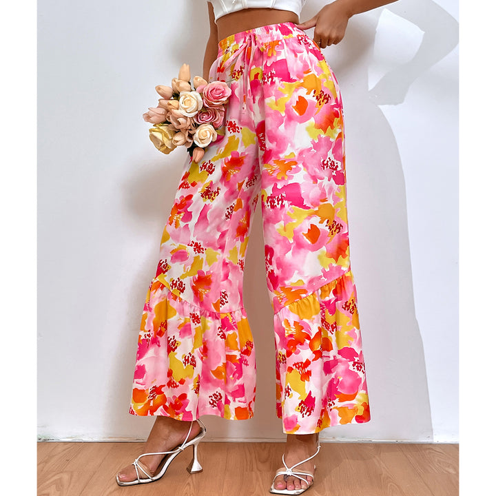 Pantalon Palazzo large pour femmes avec un design floral coloré et des détails en volants Levoire