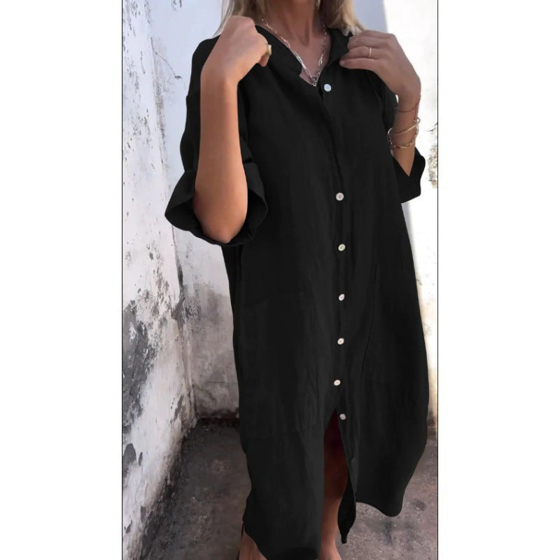 Levoire | Robe en coton-lin décontractée avec des manches trois-quarts noir