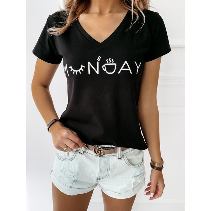 T-shirt pour femme avec lettrage créatif et col en V décontracté Levoire