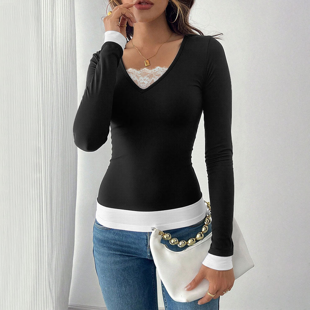 Chemise à manches longues pour femmes avec col en V et sous-vêtement tendance Levoire