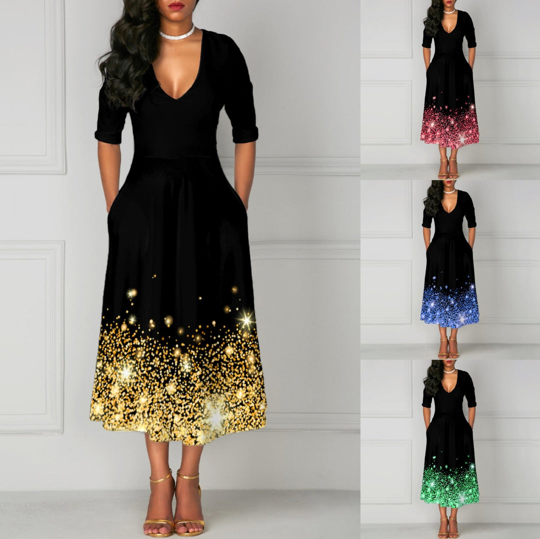 Levoire | Robe à poches à col en V imprimé chic à cinq manches