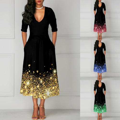 Levoire | Robe à poches à col en V imprimé chic à cinq manches