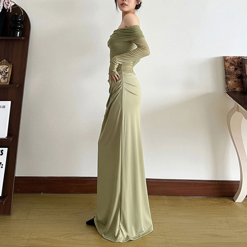 Robe maxi élégante pour femme à épaules découvertes avec détails en volants et manches longues Levoire