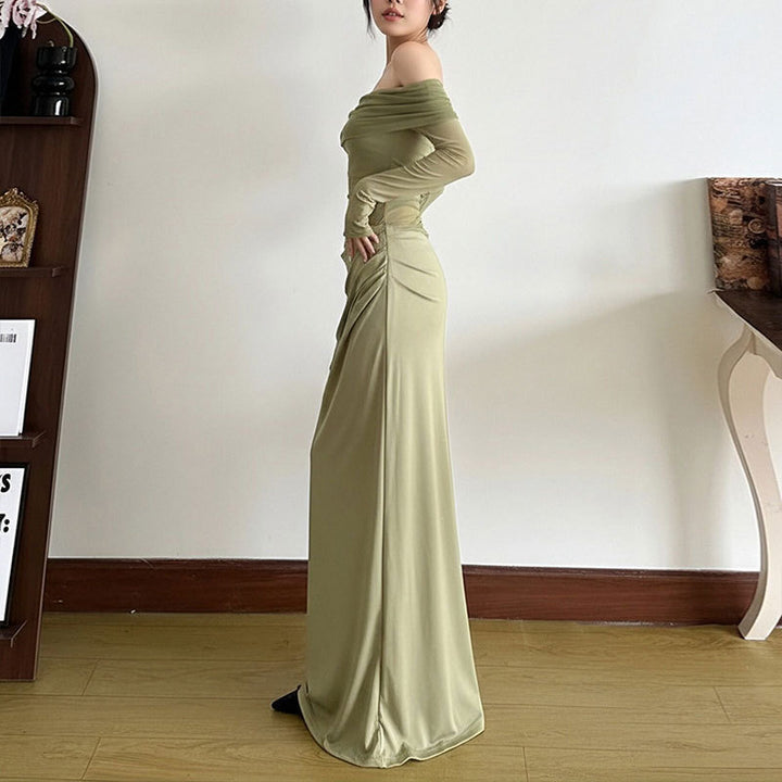 Robe maxi élégante pour femme à épaules découvertes avec détails en volants et manches longues Levoire