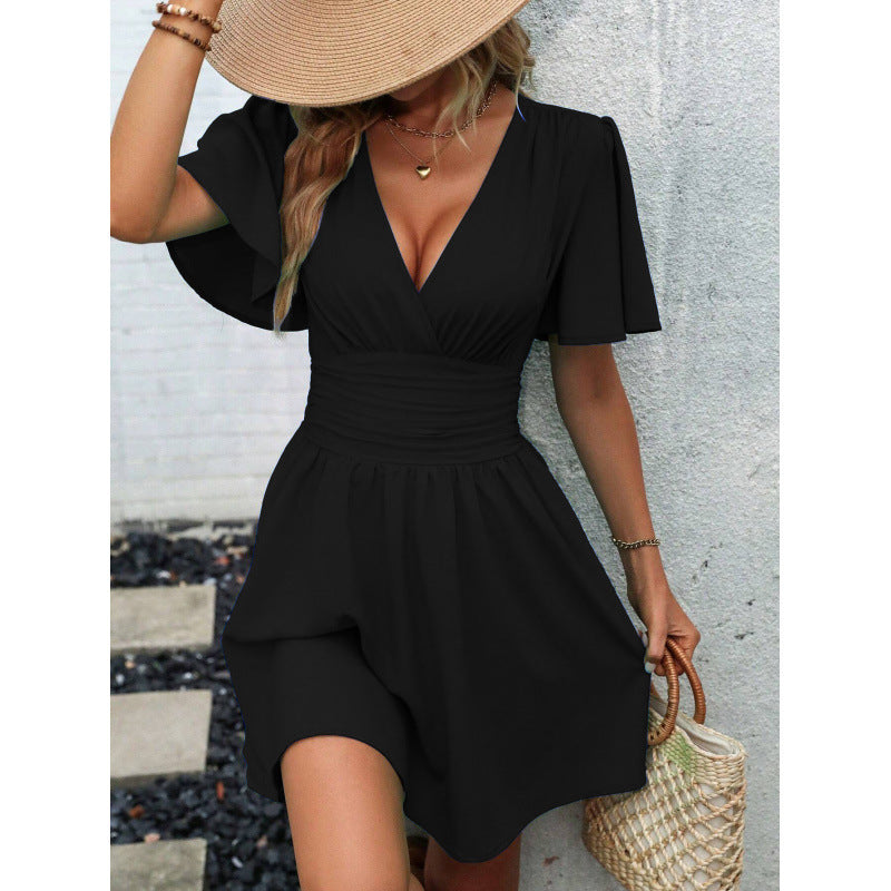 Levoire | Robe froncée Col en V Manche à volants Robe froncée Noir