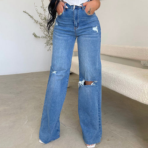 Femmes Jeans Vintage Ample en Style Détérioré avec Taille Haute Levoire