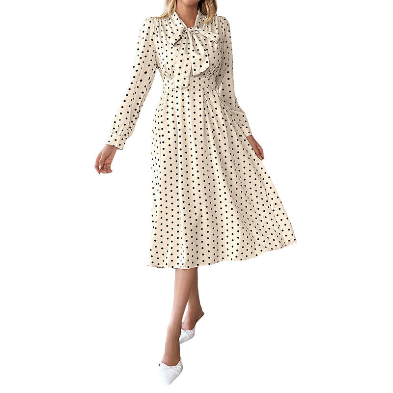 Robe midi à pois pour femmes avec col cravate et manches longues Levoire