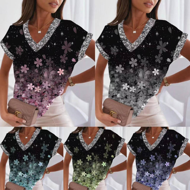 Levoire | T-shirt imprimé tendance à col en V et manches chauve-souris