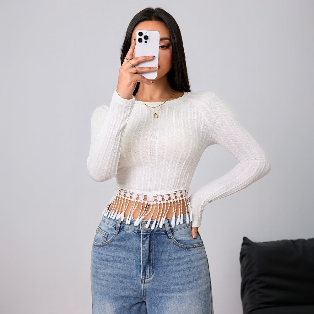 Chemise à manches longues écourtée pour femmes avec des détails de franges spéciaux Levoire