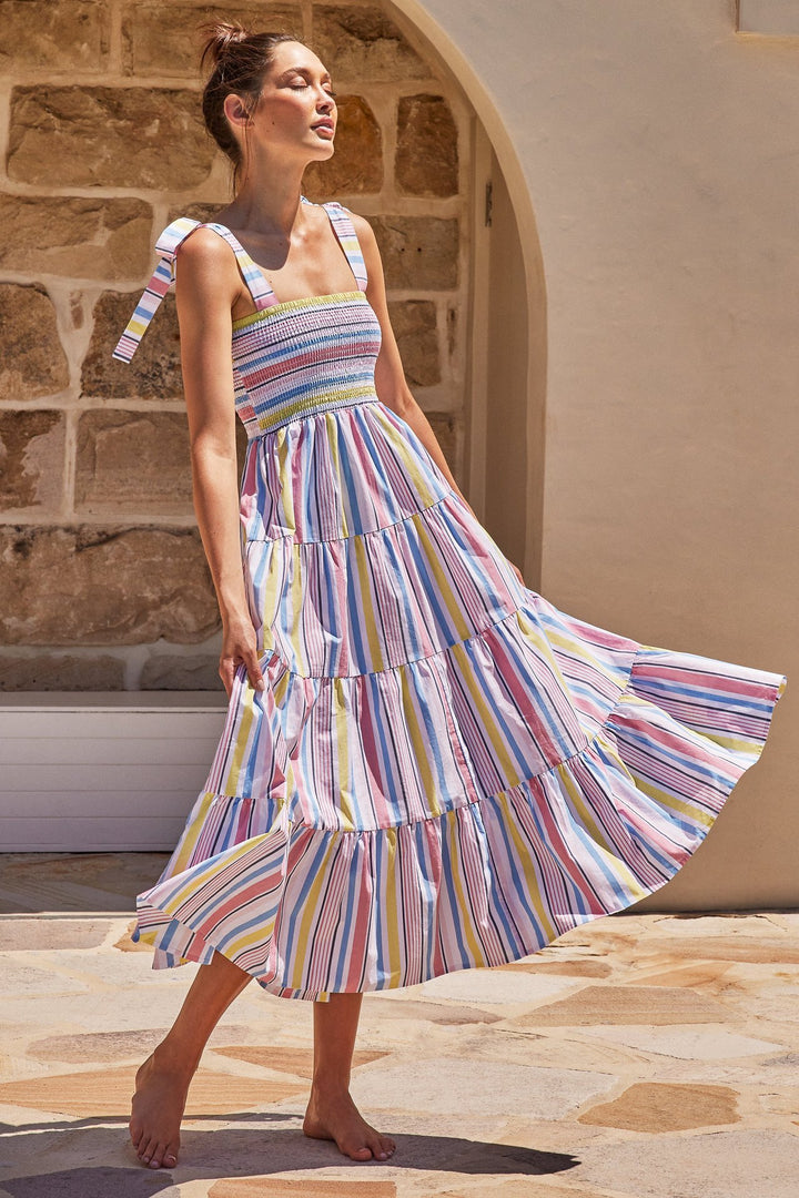 Robe maxi aérienne pour femme avec haut élastique et volants rayés Levoire
