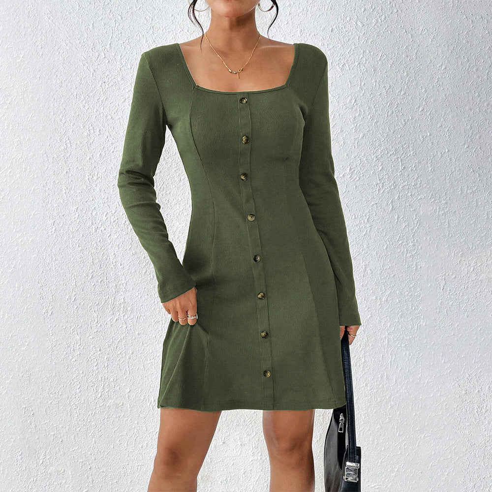 Robe à boutons pour femmes avec manches longues et décolleté carré Levoire