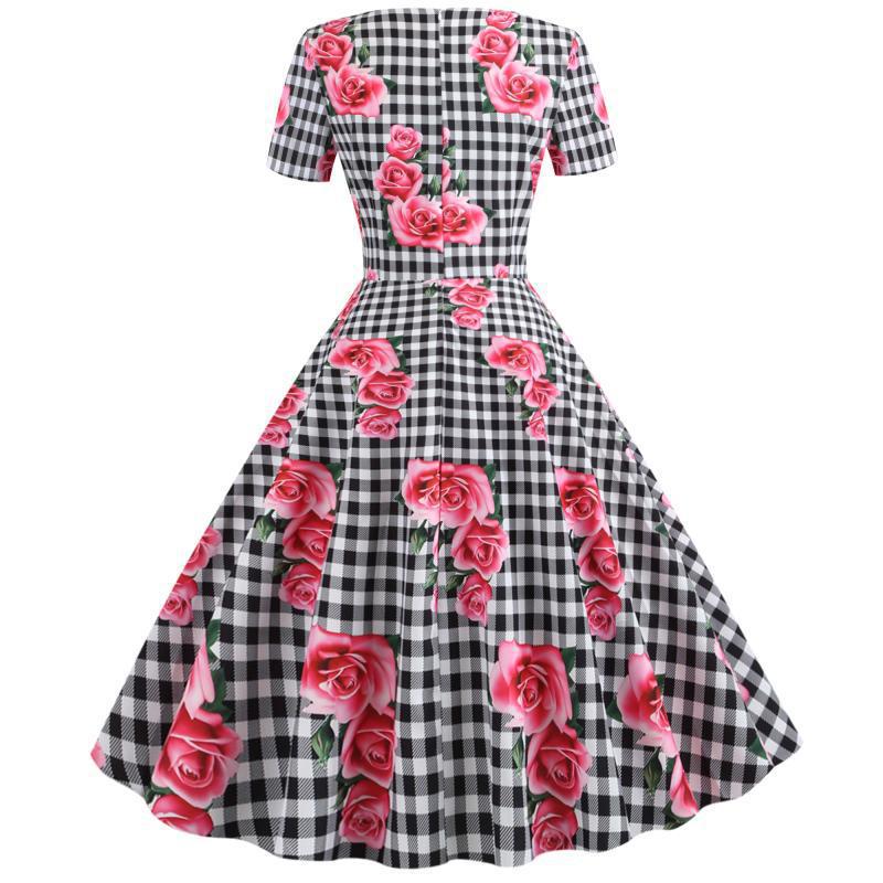 Robe Rockabilly Femme avec Motif Floral à Carreaux Levoire