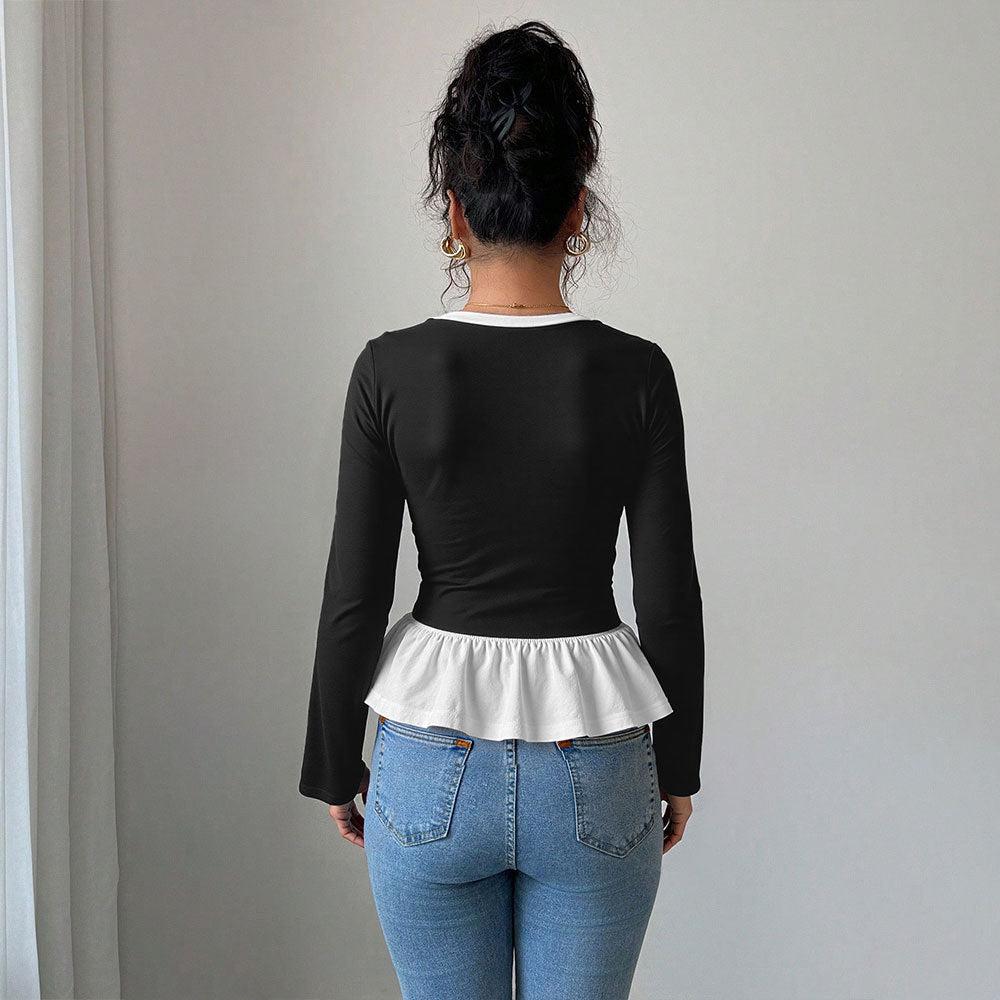 Chemise à manches longues pour femmes avec ourlet volanté et décolleté en V profond Levoire