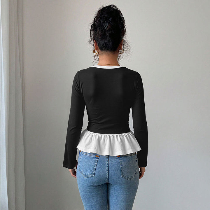 Chemise à manches longues pour femmes avec ourlet volanté et décolleté en V profond Levoire
